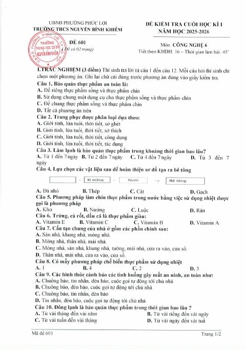 Đề thi Học kì 1 Công nghệ 6 năm 2025-2026 trường THCS Nguyễn Bỉnh Khiêm (Hà Nội)